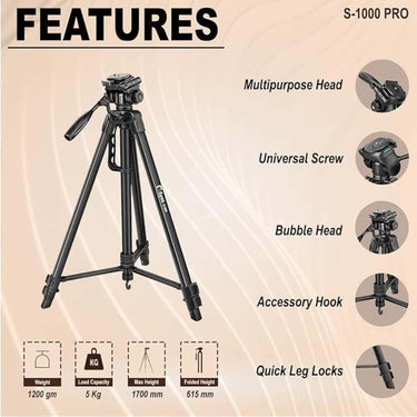 LXINDIA Mobile Tripods Syvo S 1000 PRO 67 Inch (170CM) Tripod for DSLR (Black)