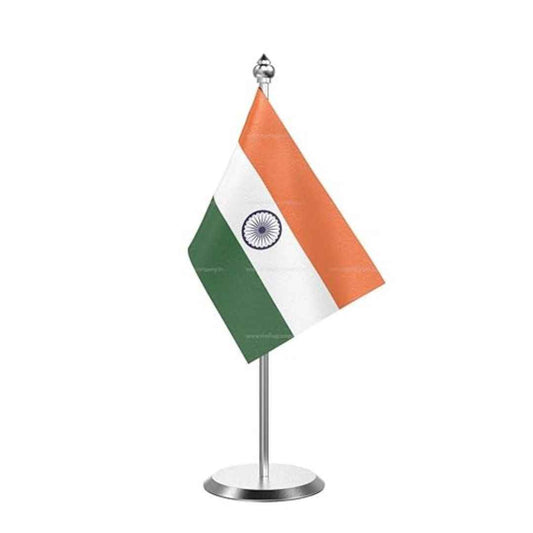 LX INDIA National Flag The Flag Company Indian Table Flag with Stainless Steel Base and Pole