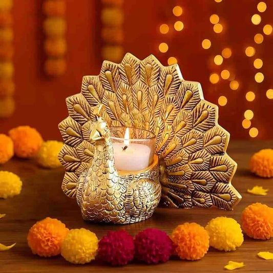LX INDIA Tealight candle holders TIED RIBBONS Aluminium Decorative Peacock Tealight Candle Holder for Home decoration
