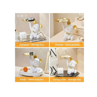 LXINDIA Show Piece TIED RIBBONS Bear Heart Statue With Metal Tray Plate Showpiece White