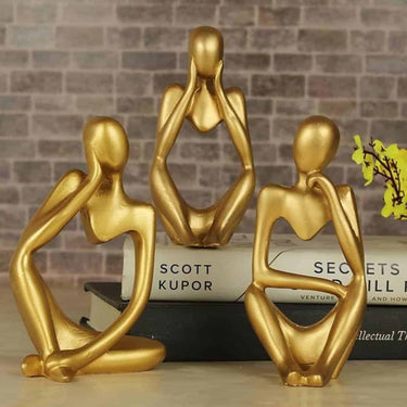 LXINDIA Show Piece Tied Ribbons Decorative Abstract Thinker Men Statue (Set Of 3) Gold