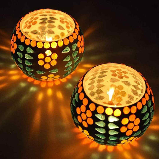 LX INDIA Tealight candle holders TIED RIBBONS Pack of 2 Turkish Mosaic Glass Votive Tealight Candle Holders