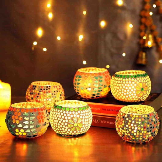 LX INDIA Tealight candle holders TIED RIBBONS Pack of 6 Mosaic Glass Votive Tealight Candle Holders