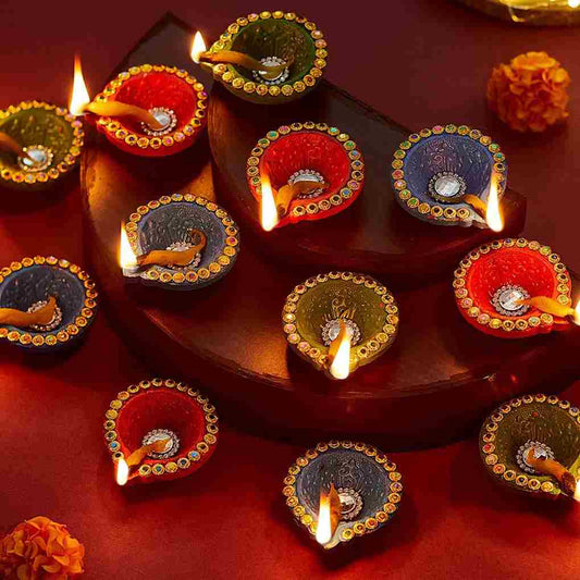LXINDIA Diyas TIED RIBBONS Set of 18 Handmade Clay Diwali Diya s Earthen Oil Lamp Large Diwali Diya for Diwali