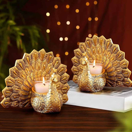LX INDIA Tealight candle holders TIED RIBBONS Set of 2 Aluminium Decorative Peacock Tealight Candle Holder