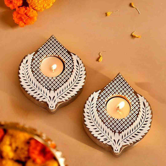 LX INDIA Tealight candle holders TIED RIBBONS Set of 2 Handicraft Wooden Leaf Design Tealight Candle Holder