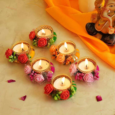 LX INDIA Candle Holders TIED RIBBONS Set of 6 Flowers Tealight Candle Holders