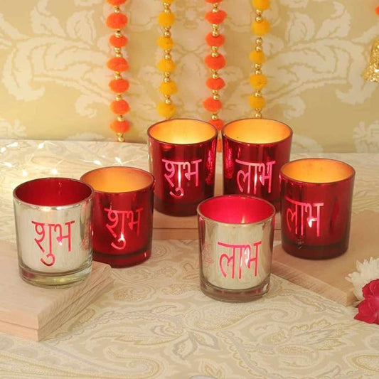 LX INDIA Tealight candle holders TIED RIBBONS Set of 6 Shubh Labh Votive Glass Tealight Candle Holders