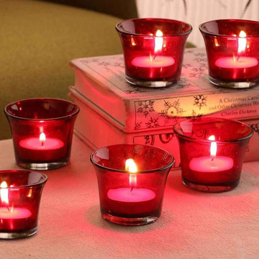 LX INDIA Tealight candle holders TIED RIBBONS Set of 6 Votive Glass Tealight Candle Holders (red)