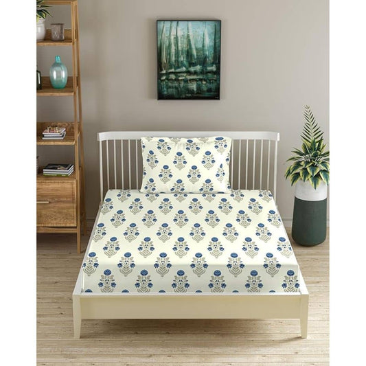 LX INDIA Bedsheet Trance Home Linen Cotton 78X36 Single Size Elastic Fitted Bedsheet with Pillow Cover (Aangan Blue)