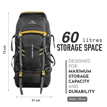 LXINDIA Bag TRAWOC TREKELITE 60L Travel Backpack (Black)