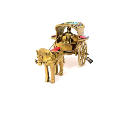 LXINDIA Show Piece Two Moustaches Gemstone Work Brass Horse Cart Replica Decor Showpiece