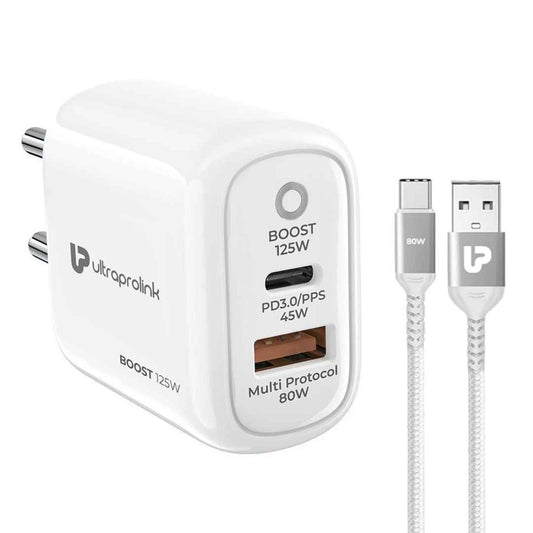 LXINDIA Mobile Charger UltraProlink 125W USB C and USB A Fast Charger (1m USB A to C Cable)