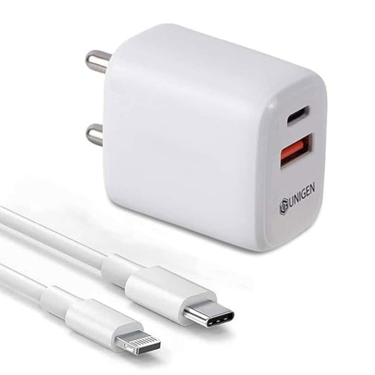LXINDIA Mobile Charger UNIGEN 30W Dual USB A and USB C Wall Charger with C to L Type Cable