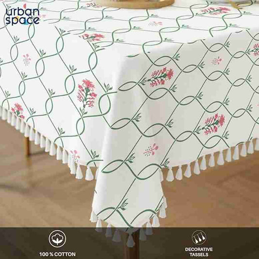LX INDIA Table Cloth Urban Space 100% Printed Cotton Table Cloth for Center Table with Boho Tassels (Floral Ripples Pink)