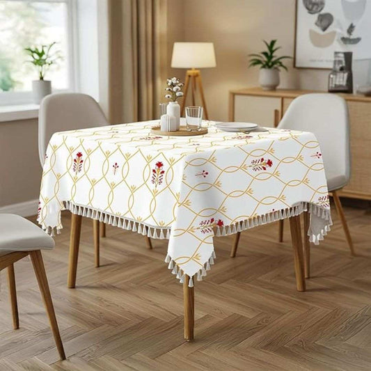 LX INDIA Table Cloth Urban Space 100% Printed Cotton Table Cloth for Center Table with Boho Tassels (Floral Ripples Red)