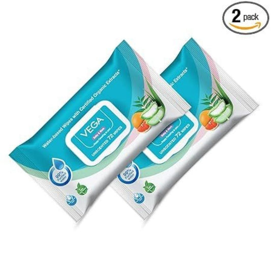 LX INDIA Cotton Wipes Vega Baby & Mom 99% Pure Water Wipes Pack of 2-72 Piece Each