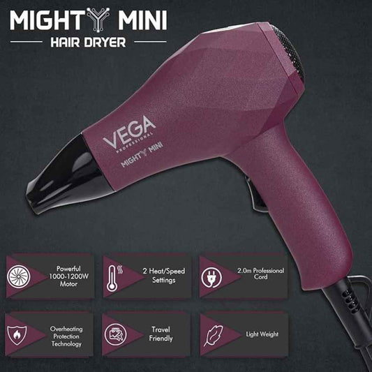 LXINDIA Dryer VEGA PROFESSIONAL Mighty Mini 1000-1200 Watts Hair Dryer, Burgundy (Vpvhd-06)