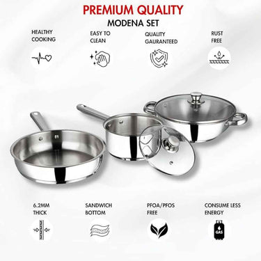 LXINDIA cookware Vinod Stainless Steel 3 Piece Induction Friendly Modena Set Kadai with Glass Lid