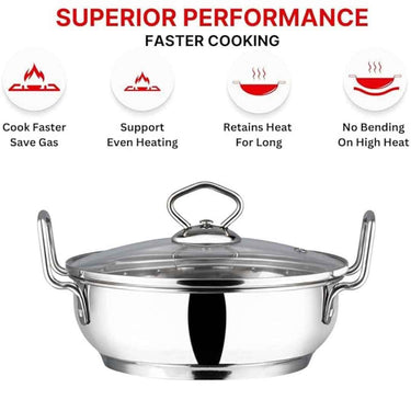 LXINDIA cookware Vinod Stainless Steel Kadhai with Glass Lid (4 Litre) (26cm)