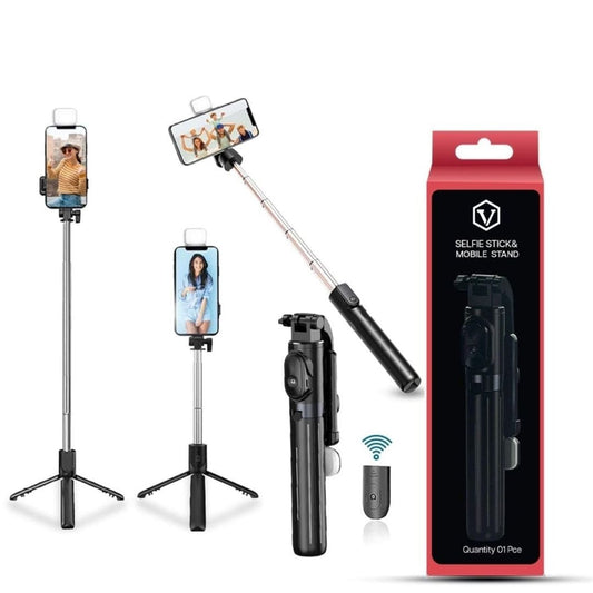 LX INDIA Mobile Tripods Virtutron Extendable Bluetooth Selfie Stick Tripod | Rechargeable Fill Light & 360° Rotation