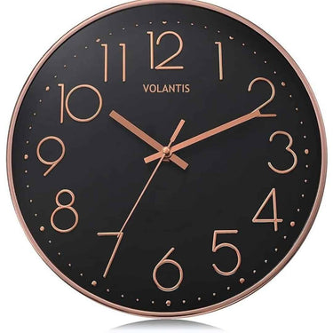 LXINDIA Clock VOLANTIS 12 Inch Modern Plastic Non Ticking Wall Clock (Black and Rose Gold)