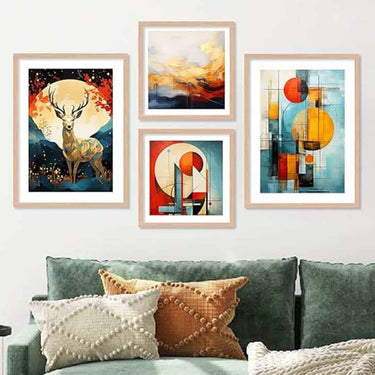 LXINDIA photo frame walllane Wood  Beige Colour Modern Art Painting  Set 4 Cate 017