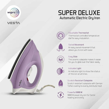 LXINDIA Cloth Iron Wipro GD205 Super Deluxe 1000 Watt Electric Dry Iron (Violet)