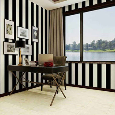 LXINDIA Wallpaper Wollzo White and Black Stripped self Adhesive Wallpaper Pack of 2 (45 x 500cm)