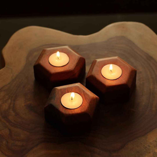 LX INDIA Candle Holders Wood Chop Acacia Wood Tea Light Candle Holders -Set of 3 with Candles