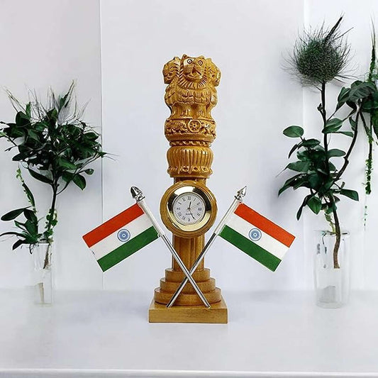 LX INDIA Ashoka Stambh Wooden Carved Ashoka Stambh Pillar with 2 Flags & Analog ClockPack of 1