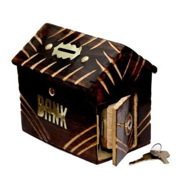 LX INDIA Money Box Wooden Money Box Hut Shaped Wooden Coiny Box Wooden Piggy Bank