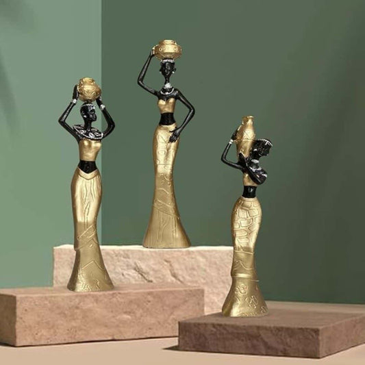 LXINDIA Show Piece Xtore Beautiful African Women for Home Decor (Pack of 3) Golden and Black