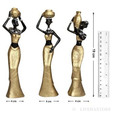 LXINDIA Show Piece Xtore Beautiful African Women for Home Decor (Pack of 3) Golden and Black