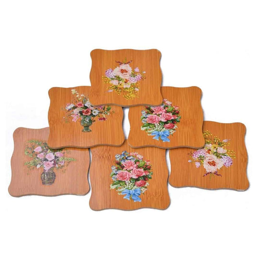 LXINDIA mats Yellow Weaves 6 Pieces Bamboo Wood Coasters (Brown)