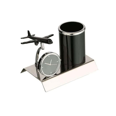 LXINDIA Pen Holder ZAHEPA Aeroplane Miniature Metal Pen Stand With Clock Black