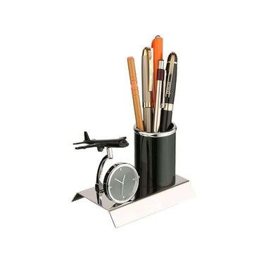 LXINDIA Pen Holder ZAHEPA Aeroplane Miniature Metal Pen Stand With Clock Black