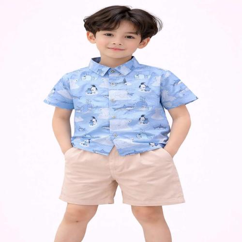 Boys Sea Animal Print Casual Wear Set Half Sleeve Shirt with Shorts