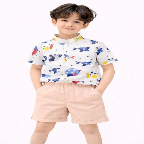 Kids Fish Print Casual Wear Set Half Sleeve Shirt, Shorts with Bow for Boys