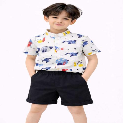 Kids Fish Print Casual Wear Set Half Sleeve Shirt, Shorts with Bow for Boys