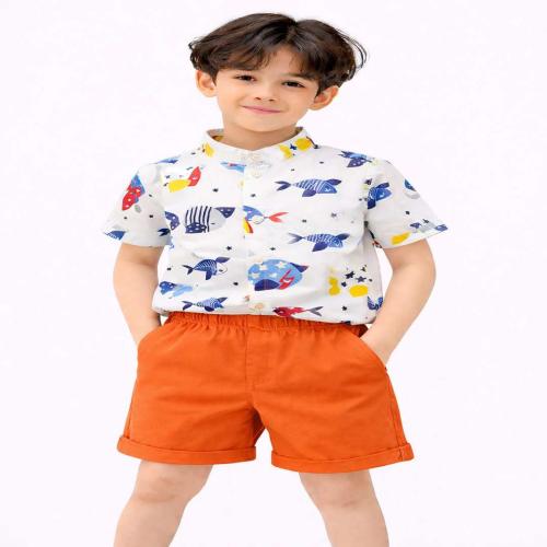 Kids Fish Print Casual Wear Set Half Sleeve Shirt, Shorts with Bow for Boys