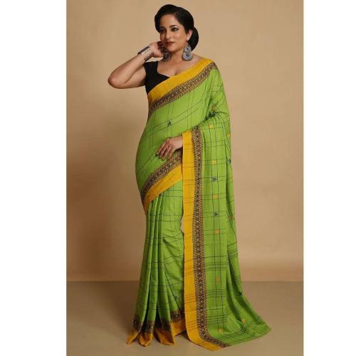 Parrot Green Pure Cotton Dhaniakhali Saree | Yellow Contrast Border | Bengal Handloom