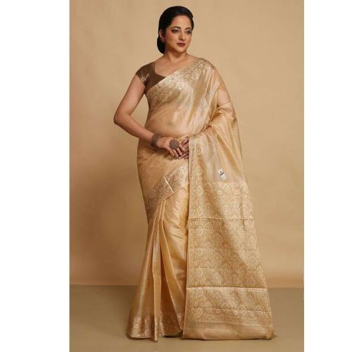 Beige Pure Kosa Tussar Silk Saree with Alfi Tilfi Border & Brocade Blouse
