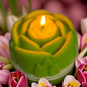 Front view of SS Enterprise green rose shaped soy wax floating tea light candle