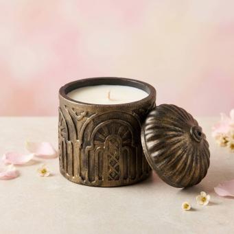 Front view of Sugandhit Love Story Couple Hugging Luxury Soy Wax Candle in Lavender