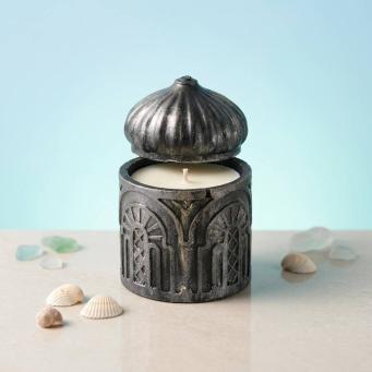 Front view of Sugandhit Love Story Couple Hugging Luxury Soy Wax Candle in Lavender