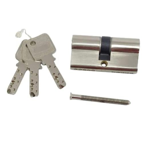 Brass 60 mm Mortise Lock Cylinder, Both-Side Key, 3 Brass Keys, Satin Silver (BPUS60)