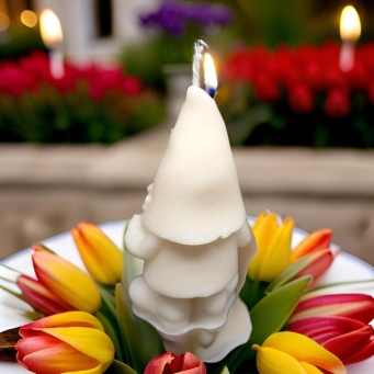 Front view of SS Enterprise Christmas organic soy wax pillar candle with festive design