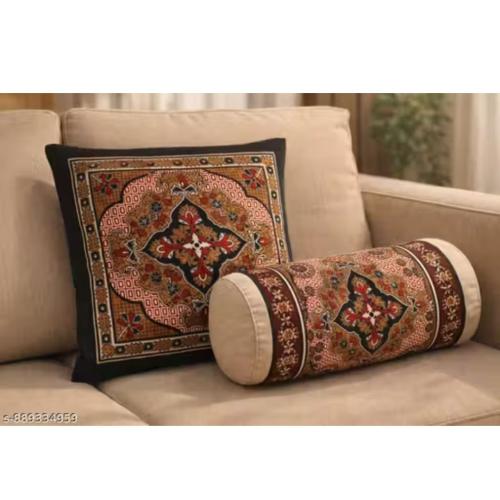 Red & Gold Boho Cushion Cover Set with 2 Bolster Covers