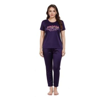 navy blue women printed lycra night suit set top and pajama sleepwear